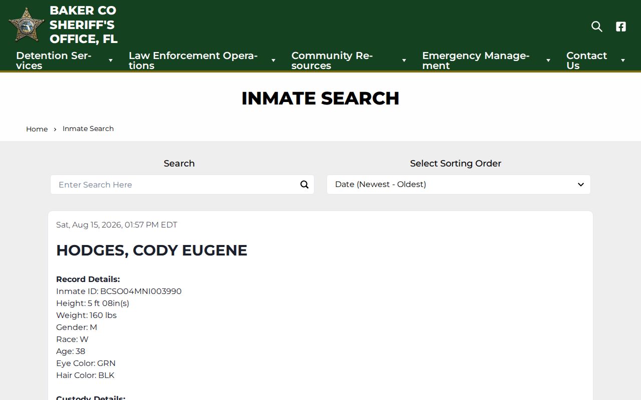 Baker County current custody roster search for booking records