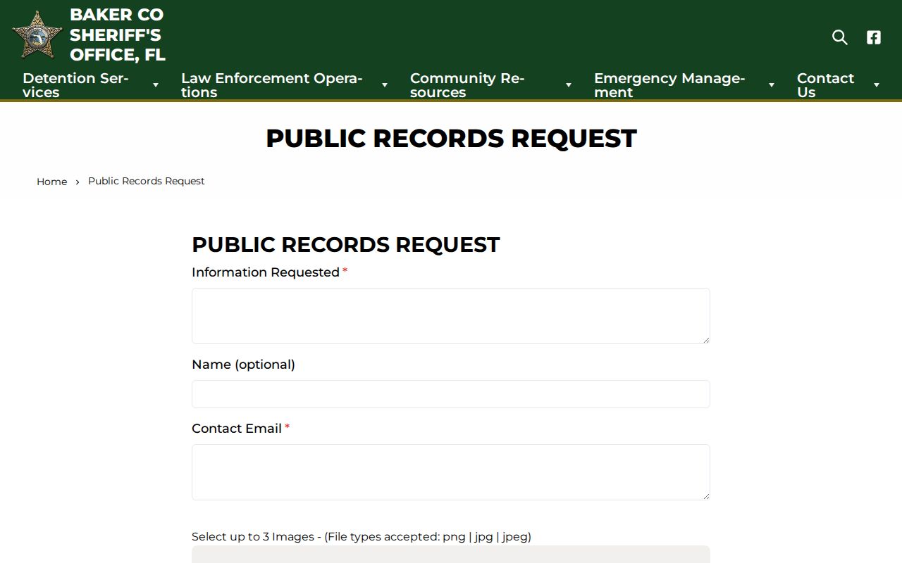 Baker County booking record and mugshot request form