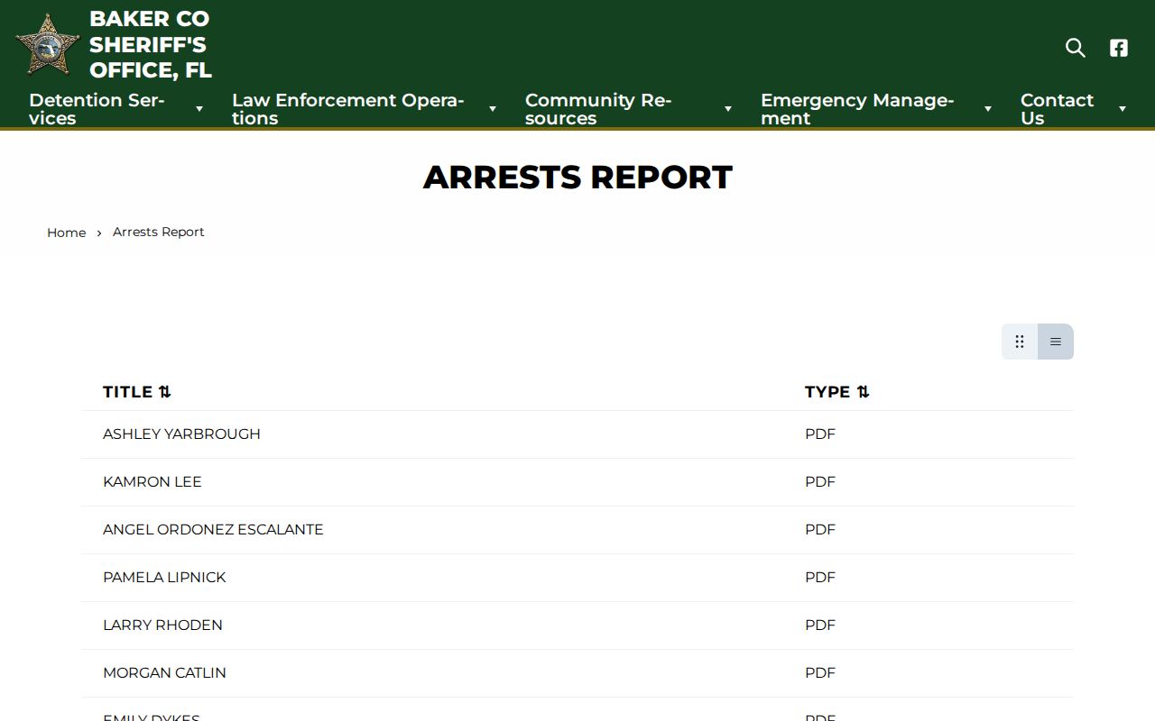 Baker County recent arrest report booking feed
