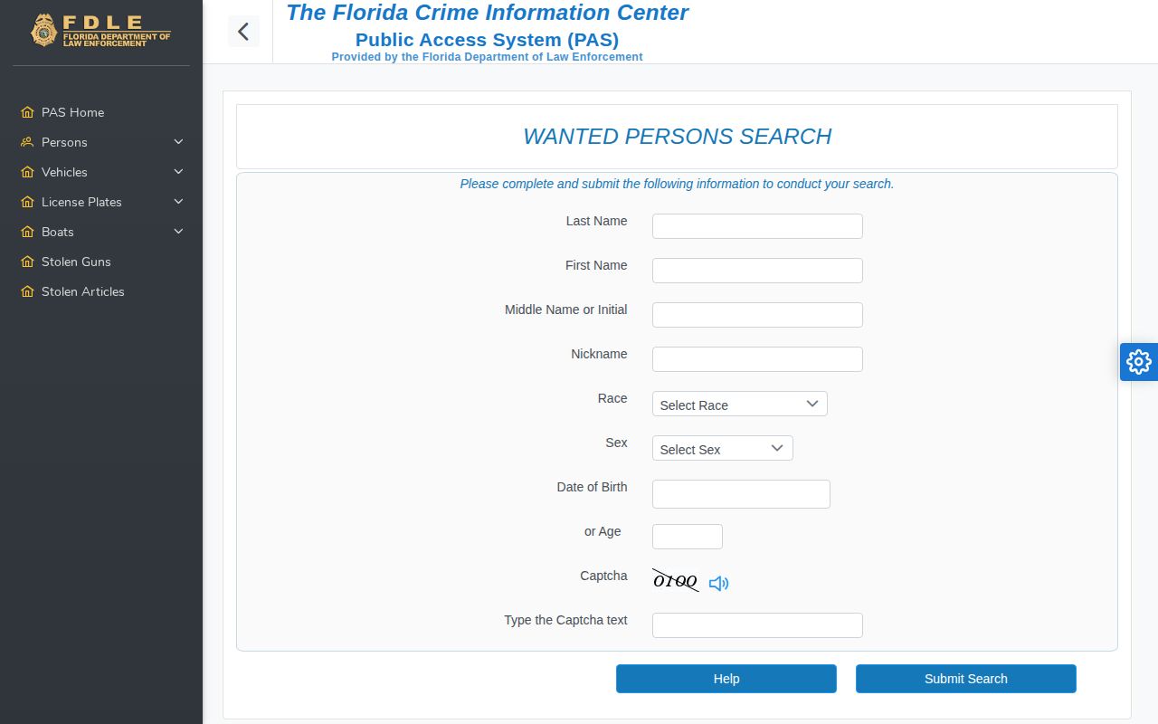FDLE Baker County wanted-person and warrant search form